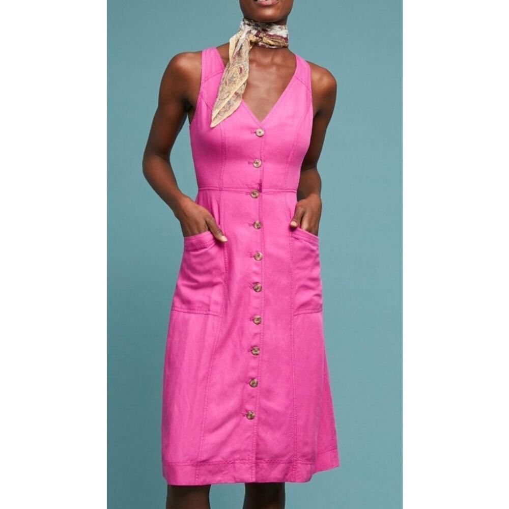 Maeve Anthropologie Women SZ 14 Pink V Neck Dionis Sleeveless Button Shirtdress